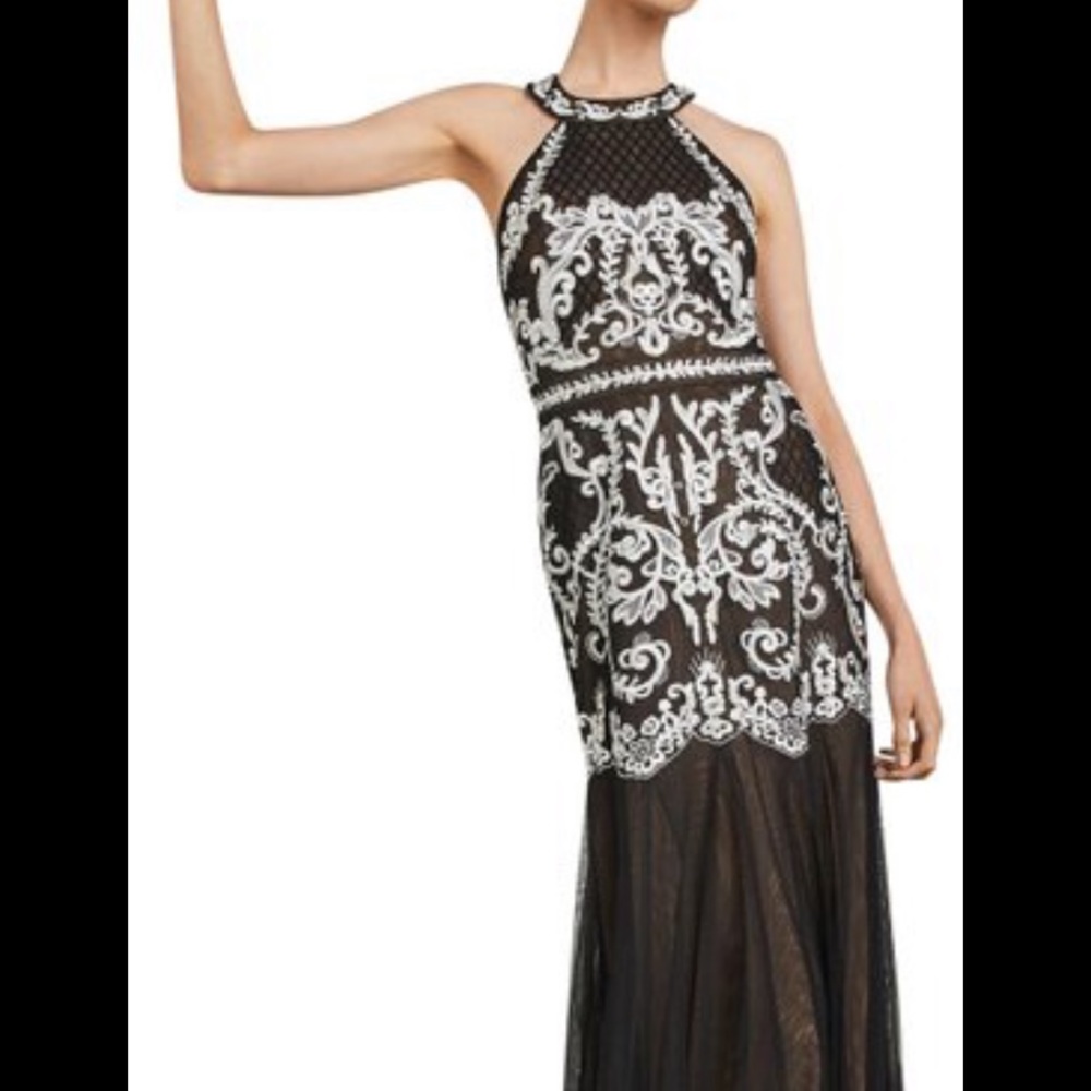 Black and white formal prom tulle gown embroidery